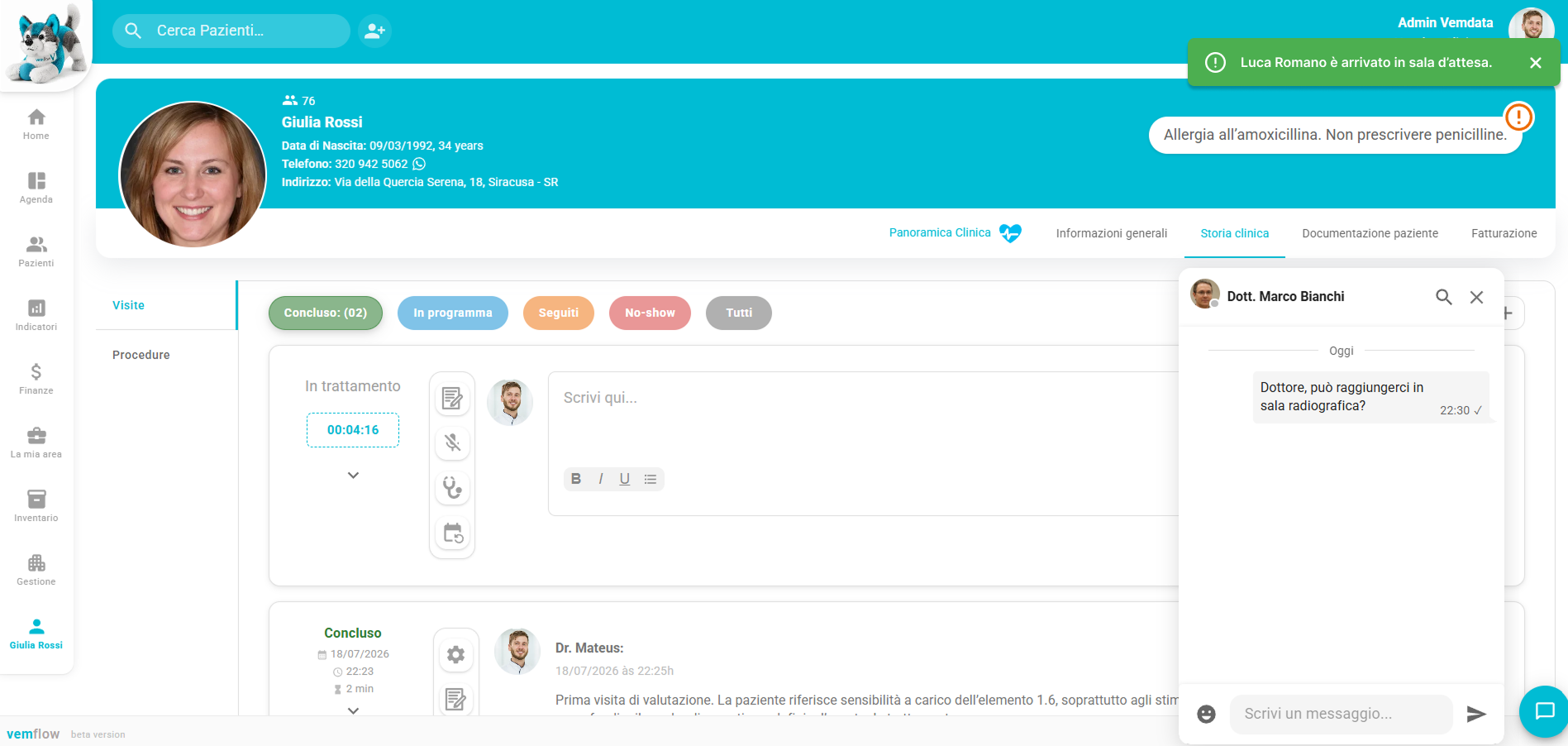 Vemflow patient record showing clinical history, alerts and care information
