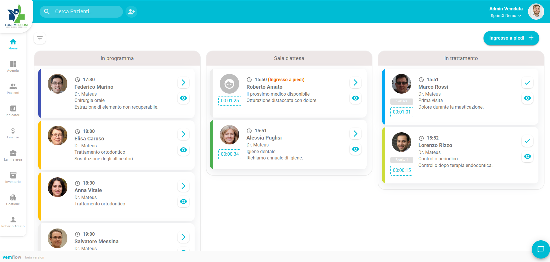 Vemflow home screen showing the clinic's daily appointments and care flow