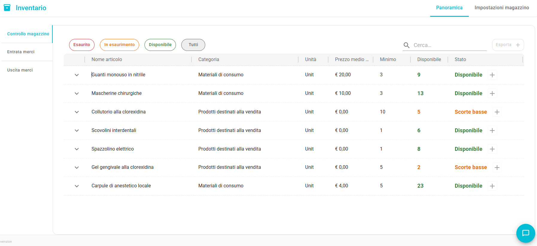 Vemflow inventory interface showing stock items, quantities and product management