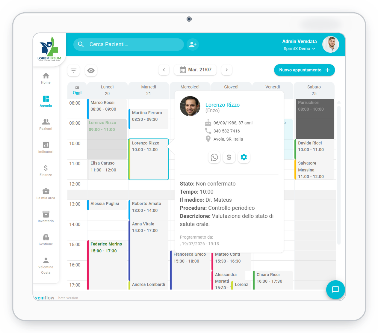 Vemflow tablet interface showing appointments and the daily clinic workflow